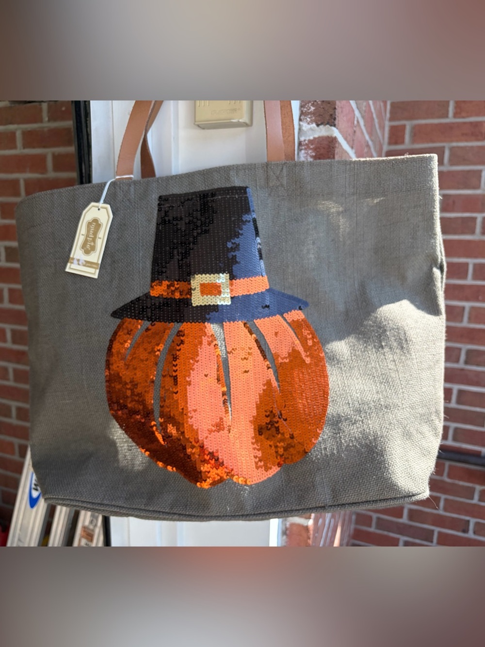 Mud Pie Sequin Pumpkin Tote Bag with Leather Handles, NWT
